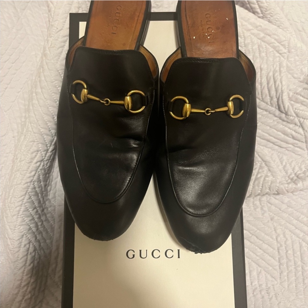 Gucci Black Leather Mules with Gold Hardware